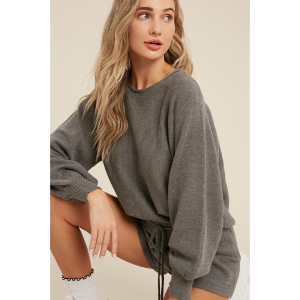 SOLD OUT Dark Gray Knit Sweater Lounge Shorts Set - Picture 2 of 5